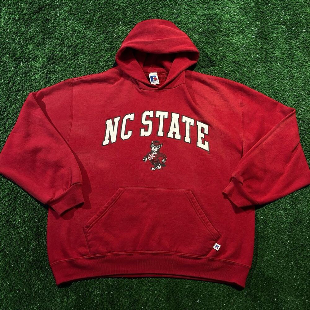 Vintage 90s Russell Athletic NC State Wolfpack Hoodie Sweatshirt Red Mens XL